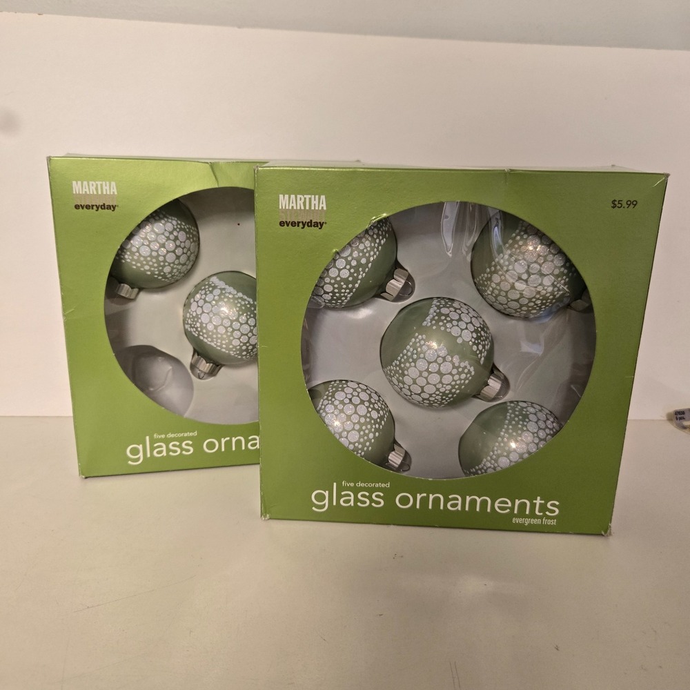 Martha Stewart 2 Boxes Glass Ornaments 10 Evergreen Frost Balls 2005 Everyday